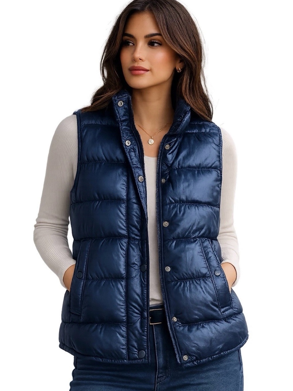 J. Crew Gorpcore Navy Quilted Shiny Puffer Vest Apres Ski Snap Front Sz XS EUC